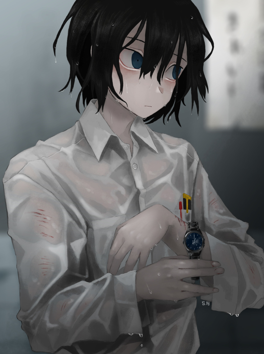 1boy absurdres black_eyes black_hair blue_eyes blurry blurry_background cuts highres honda_souichi injury male_focus original scratches see-through shirt short_hair upper_body watch watch wet wet_clothes wet_hair wet_shirt