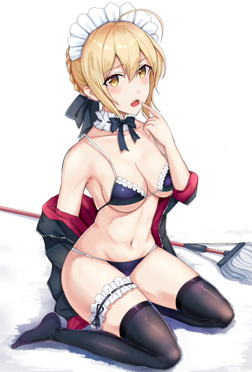 1girl artoria_pendragon_(all) artoria_pendragon_(swimsuit_rider_alter) bikini black_bikini black_jacket black_legwear braid breasts cleavage fate/grand_order fate_(series) french_braid frilled_bikini_top highres jacket kneeling leg_garter looking_at_viewer maid_bikini maid_headdress medium_breasts mop navel open_clothes open_jacket saber_alter simple_background sitting solo swimsuit thigh-highs wariza white_background yellow_eyes yinyu_(nico)