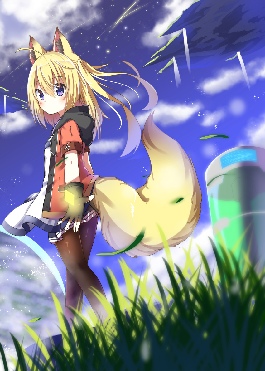 1girl absurdres ahoge animal_ear_fluff animal_ears black_gloves black_legwear blonde_hair blue_eyes blush chaakusu commentary_request fingerless_gloves fox_ears fox_girl fox_tail gloves grass hair_between_eyes highres hood hoodie long_hair looking_at_viewer looking_back original pantyhose short_sleeves skirt solo tail two_side_up