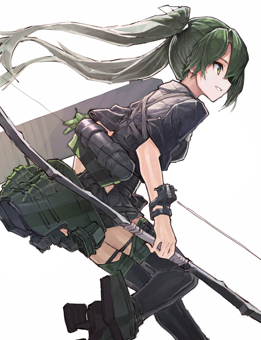 air_qh aircraft airplane black_skirt boots bow_(weapon) green_hair hair_ribbon hakama_skirt highres holding holding_bow_(weapon) holding_weapon japanese_clothes kantai_collection long_hair miko muneate quiver ribbon rigging rudder_shoes simple_background skirt smile tasuki thigh-highs thigh_boots twintails type_94_anti-aircraft_fire_detector weapon white_background white_ribbon yellow_eyes zettai_ryouiki zuikaku_(kantai_collection)