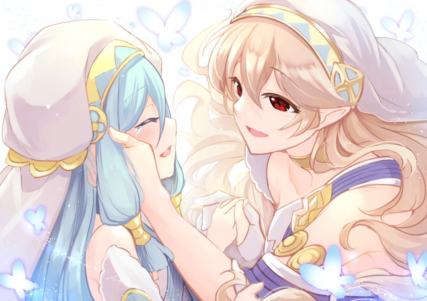 2girls aqua_(fire_emblem_if) aqua_hair bug butterfly closed_eyes female_my_unit_(fire_emblem_if) fire_emblem fire_emblem_heroes fire_emblem_if from_side hand_holding hand_on_another's_face insect long_hair multiple_girls my_unit_(fire_emblem_if) nakabayashi_zun nintendo parted_lips pointy_ears red_eyes sidelocks tearing_up tears veil white_hair younger