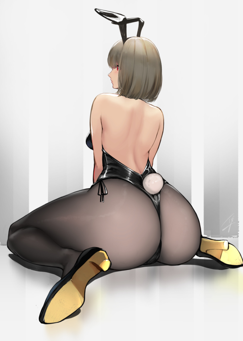 1girl animal_ears ass bare_back bare_shoulders breasts bunny_tail bunnysuit commentary_request from_behind green_hair hayabusa high_heels highres hips huge_ass looking_at_viewer looking_back medium_breasts original pantyhose rabbit_ears red_eyes short_hair signature solo tail thick_thighs thighs wide_hips