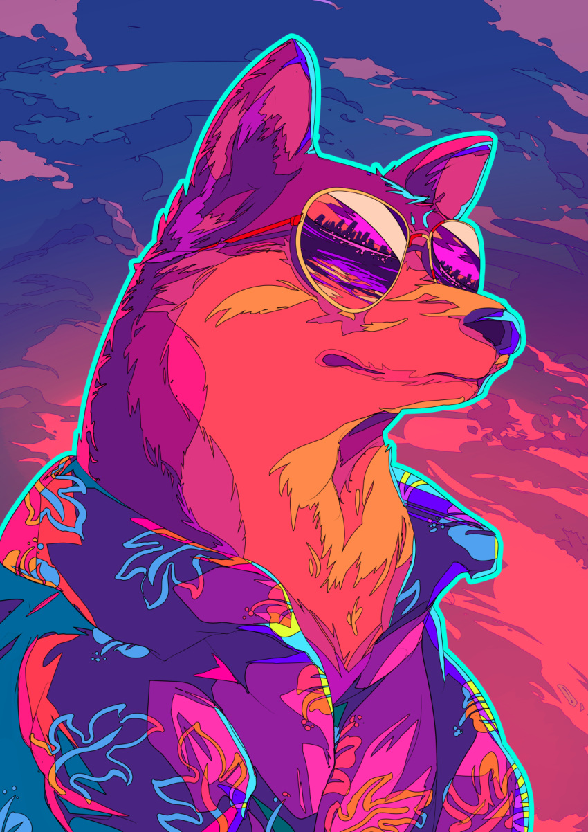 animal animal_ears animal_focus berryverrine city cityscape clouds cloudy_sky dog dog_ears gradient_sky highres leaf_print no_humans original outdoors purple_sky reflection shiba_inu shirt sky sunglasses twilight