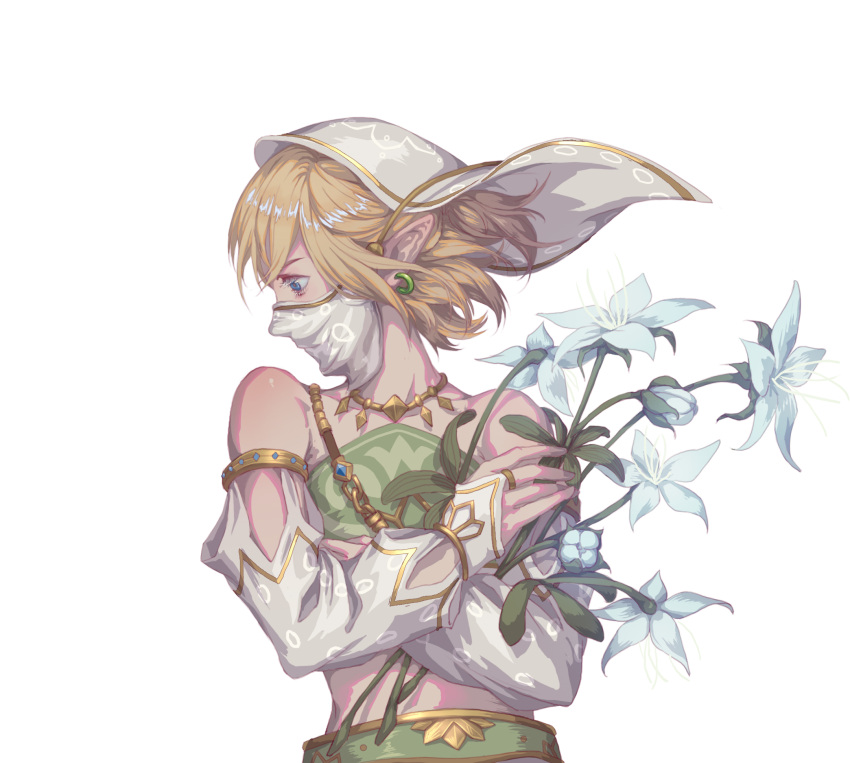 1boy alternate_costume bare_shoulders blonde_hair blue_eyes covering_mouth crossdressinging crossed_arms detached_sleeves earrings flower gerudo_link highres hihisou_(pan-kun) jewelry link looking_to_the_side male_focus nintendo pointy_ears simple_background solo standing the_legend_of_zelda the_legend_of_zelda:_breath_of_the_wild trap upper_body veil white_background