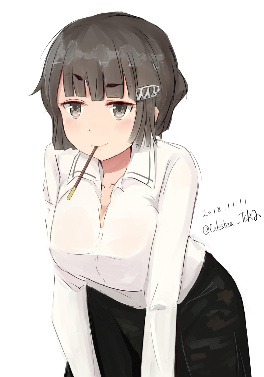 1girl black_skirt braided_bun breasts brown_eyes brown_hair celestea_tera eyebrows_visible_through_hair food highres incoming_pocky_kiss kantai_collection large_breasts long_hair long_sleeves myoukou_(kantai_collection) pocky pocky_day pocky_kiss shared_food shirt simple_background skirt solo white_background white_shirt