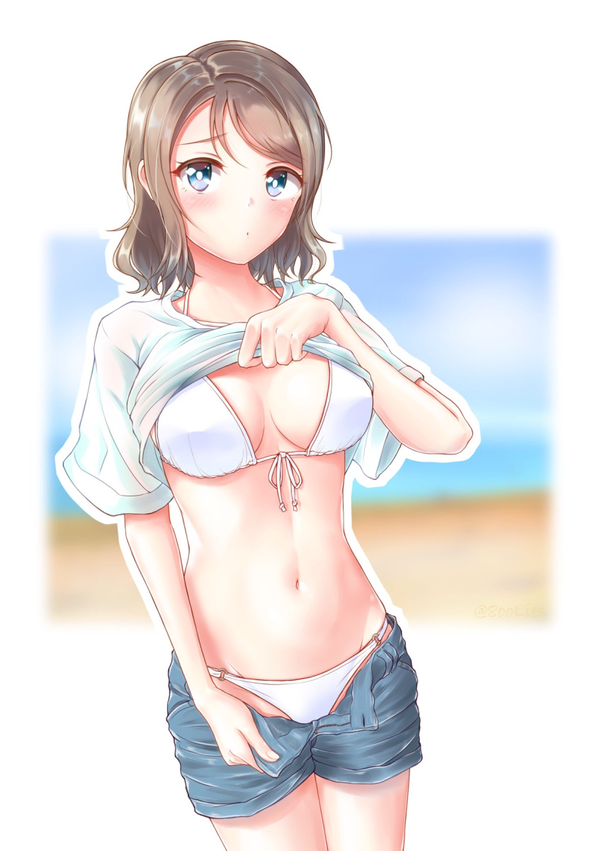 1girl bikini blue_eyes blue_shorts blurry breasts cowboy_shot denim denim_shorts depth_of_field front-tie_top grey_hair highres lifted_by_self looking_at_viewer love_live! love_live!_sunshine!! medium_breasts open_fly shirt shirt_lift short_hair shorts solo standing swimsuit toine watanabe_you white_bikini white_shirt