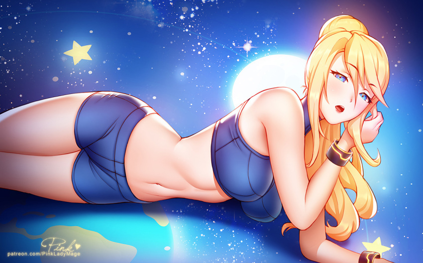 1girl bare_shoulders blonde_hair blue_eyes breasts commentary english_commentary eyebrows_visible_through_hair long_hair looking_at_viewer lying medium_breasts metroid navel nintendo open_mouth pink_lady_mage ponytail samus_aran shorts signature solo star stomach super_smash_bros. super_smash_bros._ultimate thighs wristband