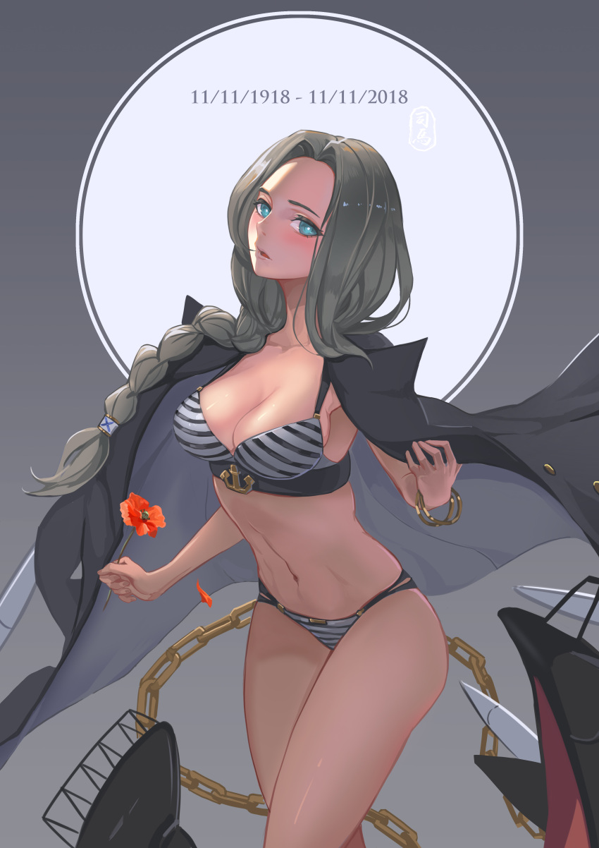 1girl absurdres anchor bikini blue_eyes chains cowboy_shot flower highres holding holding_flower jacket_on_shoulders legs looking_at_viewer pacific panther_(pacific) parted_lips plait poppy_(flower) rigging signature sima_naoteng swimsuit