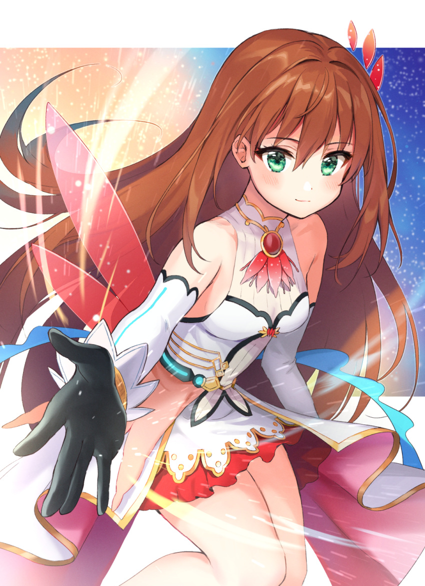 1girl bangs bare_legs bare_shoulders battle_girl_high_school black_gloves blush breasts brooch brown_hair closed_mouth commentary_request detached_sleeves gloves green_eyes hair_between_eyes hair_intakes hair_ornament highres jewelry kiyosato0928 leg_up light_smile long_hair looking_at_viewer magic medium_breasts miniskirt misaki_(battle_girl_high_school) outstretched_hand reaching_out red_skirt shirt skirt solo turtleneck white_shirt wings
