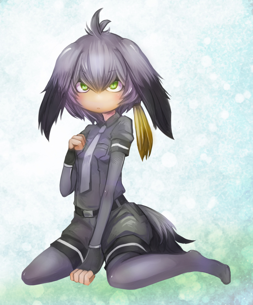 1girl bangs between_legs bird_tail bird_wings black_gloves blonde_hair eyebrows_visible_through_hair feathered_wings fingerless_gloves full_body gloves green_eyes grey_hair grey_legwear hair_between_eyes hand_between_legs hand_up head_wings highres kemono_friends long_hair multicolored_hair necktie pantyhose ruu_bot shoebill_(kemono_friends) short_sleeves side_ponytail sitting solo tail wariza white_neckwear wings