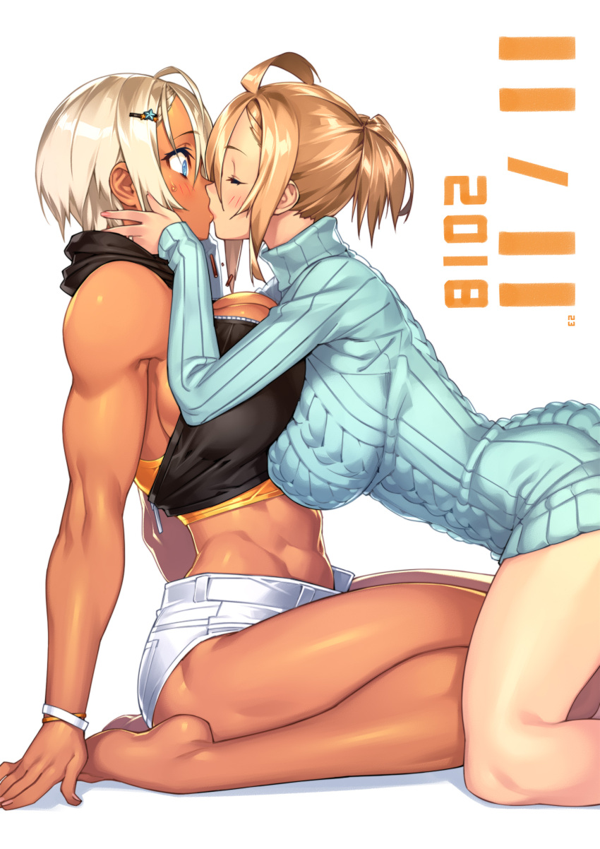 2018 23_(real_xxiii) 2girls abs ahoge ahoge_girl_(23) aran_sweater bare_arms bare_legs bare_shoulders barefoot blonde_hair blue_eyes blue_sweater blush breasts cleavage closed_eyes commentary dark-skinned_girl_(23) dark_skin dated food hair_between_eyes hair_ornament hairclip hands_on_another's_cheeks hands_on_another's_face highres jewelry kiss kneeling large_breasts long_sleeves midriff multiple_girls muscle muscular_female original platinum_blonde_hair pocky pocky_day ribbed_sweater ring seiza short_hair short_ponytail short_shorts shorts simple_background sitting sweater toned turtleneck wedding_band white_background white_shorts wide-eyed wife_and_wife wristband yuri