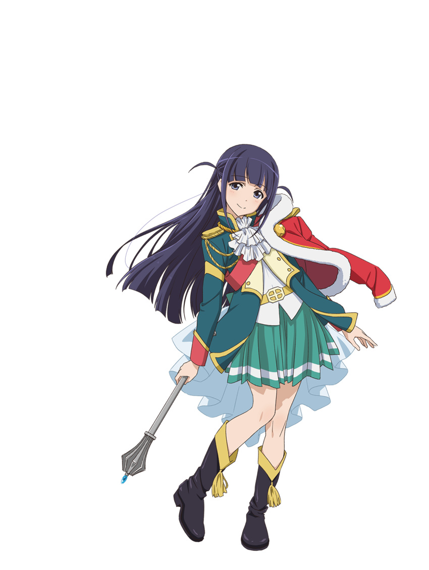 1girl aiguillette bangs bare_legs black_footwear blue_cape blue_eyes blue_hair blunt_bangs blush body_blush boots cape contrapposto cravat eyebrows_visible_through_hair floating_hair fur-trimmed_jacket fur_trim gem green_jacket green_skirt head_tilt highres holding_mace jacket jacket_over_shoulder leg_up long_hair looking_at_viewer mace miniskirt official_art open_clothes open_hand open_jacket pleated_skirt red_jacket saita_hiroyuki shiny shiny_footwear shiny_hair shirt shoujo_kageki_revue_starlight single_stripe skirt smile solo standing standing_on_one_leg transparent_background tsuyuzaki_mahiru two_side_up uniform waist_cape weapon white_neckwear white_shirt yellow_belt