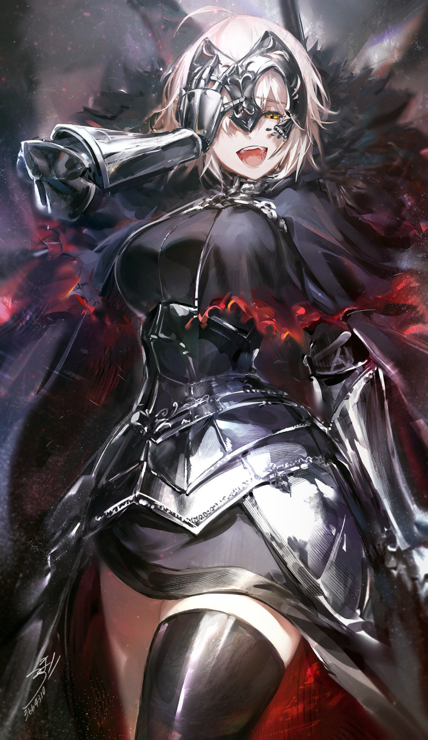 1girl absurdres ahoge armor armored_dress bangs breasts cape chains cleavage covering_one_eye cowboy_shot dress eyebrows_visible_through_hair fate/grand_order fate_(series) fur-trimmed_cape fur_collar fur_trim gauntlets half-closed_eyes headpiece highres hoojiro jeanne_d'arc_(alter)_(fate) jeanne_d'arc_(fate)_(all) large_breasts looking_at_viewer medium_breasts open_mouth short_hair silver_hair smile solo thigh-highs tsurime yellow_eyes