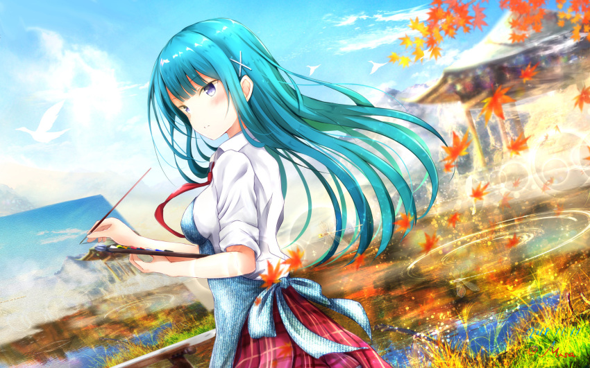 1girl 2018 apron aqua_hair art_brush autumn_leaves bangs bird blue_apron blue_sky blurry breasts bug canvas_(object) chiyoura_ayame closed_mouth clouds commentary_request dated depth_of_field dragonfly easel eyebrows_visible_through_hair girlfriend_(kari) glint grass hair_ornament hairclip highres holding holding_brush insect leaf long_hair looking_at_viewer maple_leaf masa_(mirage77) medium_breasts mountain nature necktie outdoors paintbrush painting palette partial_commentary pleated_skirt red_neckwear red_skirt river rural scenery school_uniform shirt skirt sky solo standing uniform violet_eyes wallpaper water white_shirt x_hair_ornament