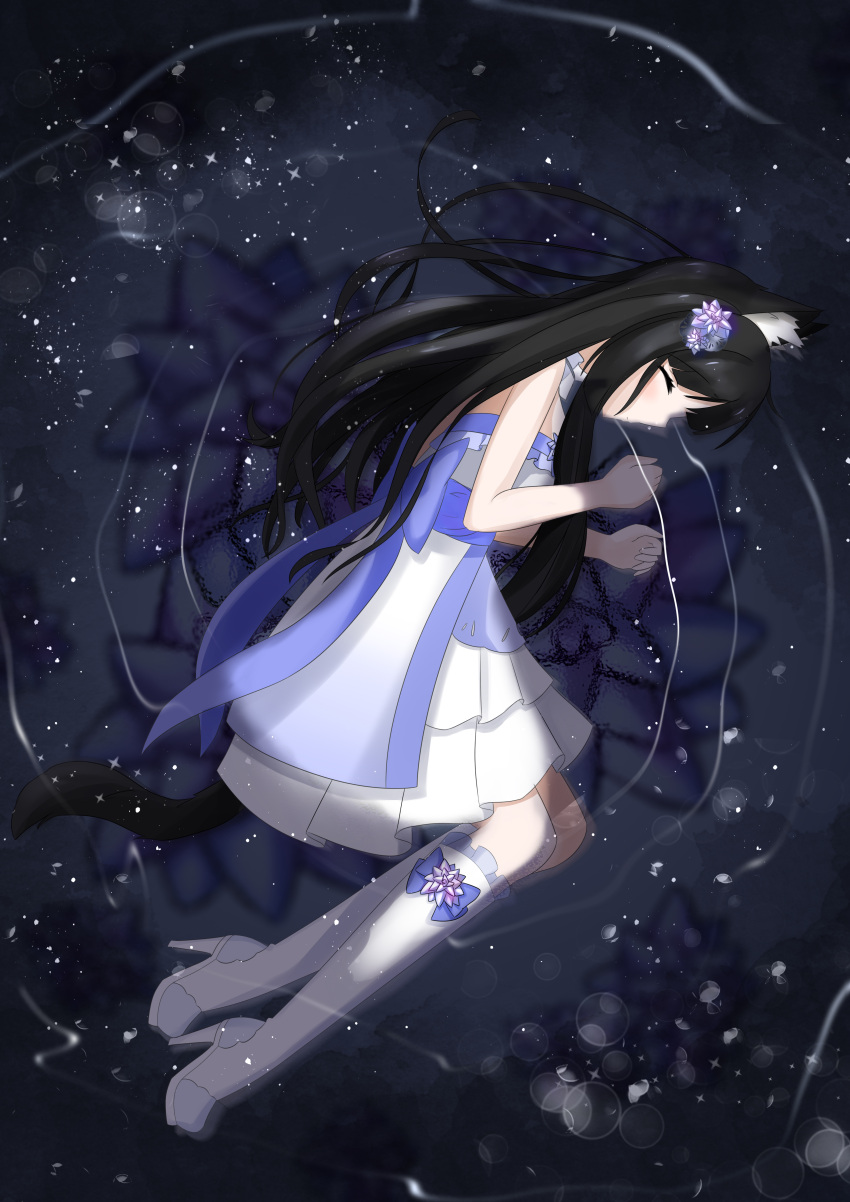 1girl absurdres animal_ears artist_request black_hair boots cat_ears cat_tail closed_eyes dress high_heel_boots high_heels highres long_hair lying original solo tail water