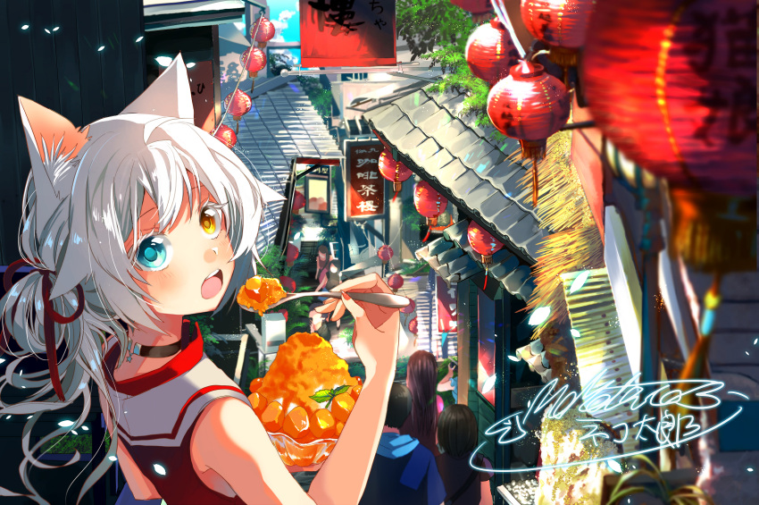 1girl :o animal_ears bare_arms blue_eyes blurry blush cat_ears catulus_syndrome choker colored_eyelashes crowd day depth_of_field food hair_ribbon heterochromia highres holding holding_food holding_spoon lantern long_hair looking_at_viewer looking_back nail_polish official_art open_mouth orange_eyes outdoors paper_lantern red_nails ribbon road rooftop shaved_ice shinonome_neko-tarou shirakaba_yuki signature sleeveless solo_focus spoon street tied_hair upper_body white_hair