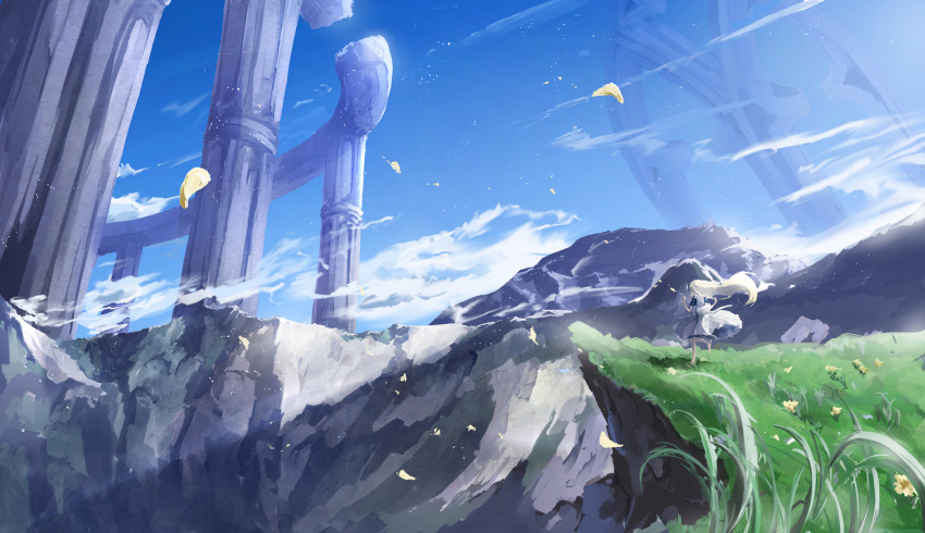 1girl architecture blonde_hair blue_sky cliff clouds commentary_request dress falling_petals fantasy grass hair_lift long_hair mountain mountainous_horizon ninniku_mashimashi original outdoors petals pillar rock scenery sky standing white_dress wind