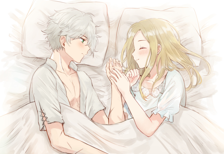 1boy 1girl bed bed_sheet blanket blonde_hair blouse blush closed_eyes collarbone collared_shirt couple green_eyes grey_hair hand_holding hetero long_hair looking_at_another lying octopath_traveler on_side open_clothes open_shirt ophilia_(octopath_traveler) pillow shirt short_hair short_sleeves smile therion_(octopath_traveler) unbuttoned unbuttoned_shirt wspread