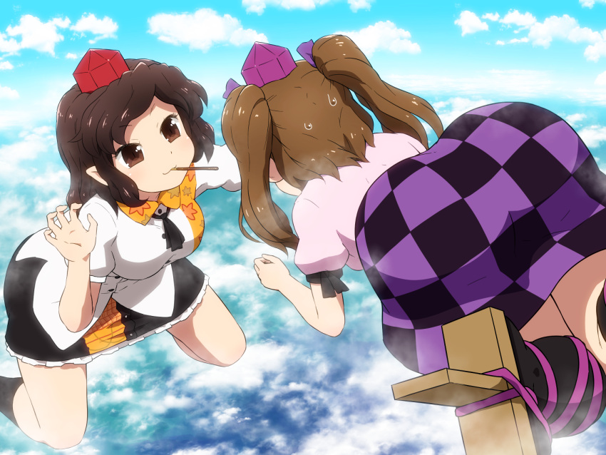 2girls :3 above_clouds ass bent_over black_hair black_legwear black_skirt blue_sky breasts brown_eyes brown_footwear brown_hair checkered checkered_skirt clouds commentary day eyebrows_visible_through_hair feet_out_of_frame flying food geta hair_ribbon hand_up hat himekaidou_hatate huge_ass kneehighs leaf_print leg_ribbon legs_apart long_hair looking_at_another maple_leaf_print medium_breasts miniskirt mouth_hold multiple_girls outdoors petticoat pink_shirt pocky pocky_day pointy_ears puffy_short_sleeves puffy_sleeves purple_ribbon purple_skirt ribbon shameimaru_aya shirosato shirt short_hair short_sleeves skirt sky smile sweatdrop tengu-geta thighs tokin_hat touhou twintails v-shaped_eyebrows white_shirt