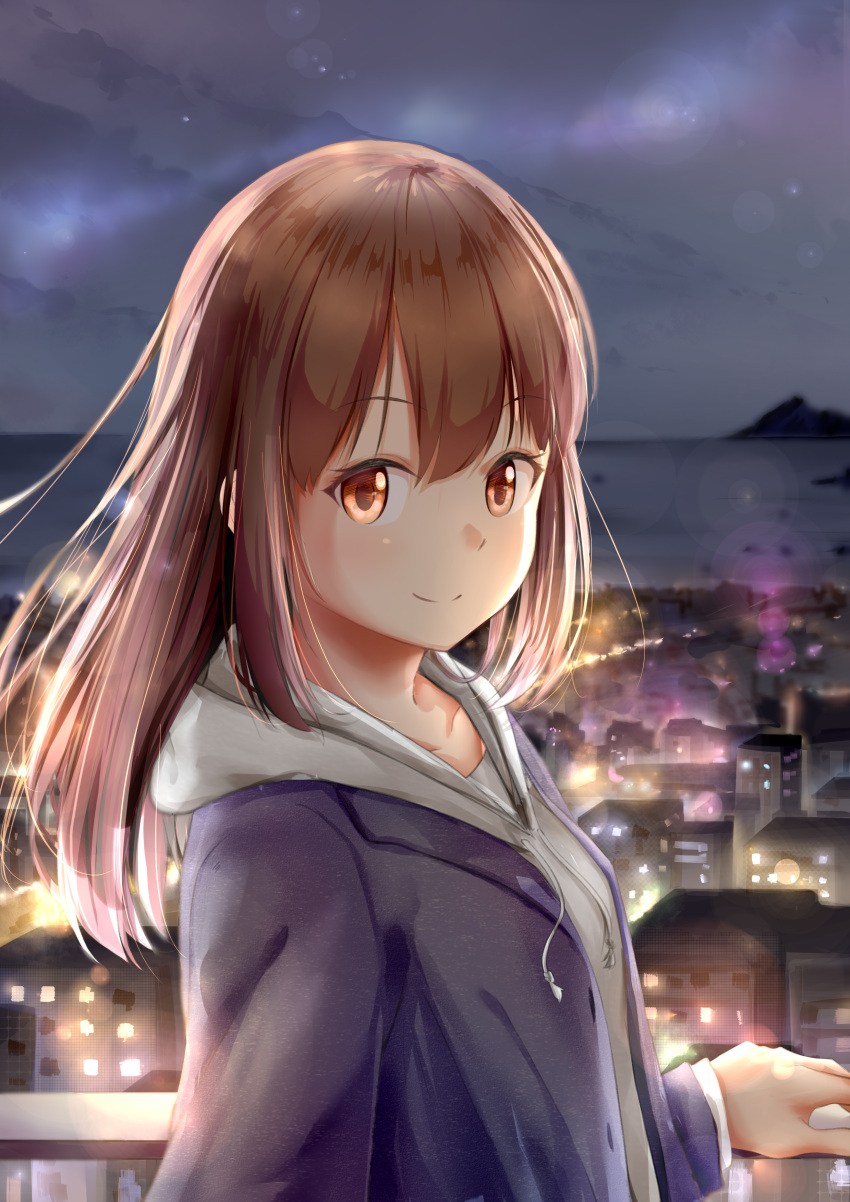 1girl absurdres brown_eyes brown_hair cityscape highres hood hoodie lens_flare long_hair looking_at_viewer night night_sky original outdoors precision school_uniform sky smile solo standing white_hoodie