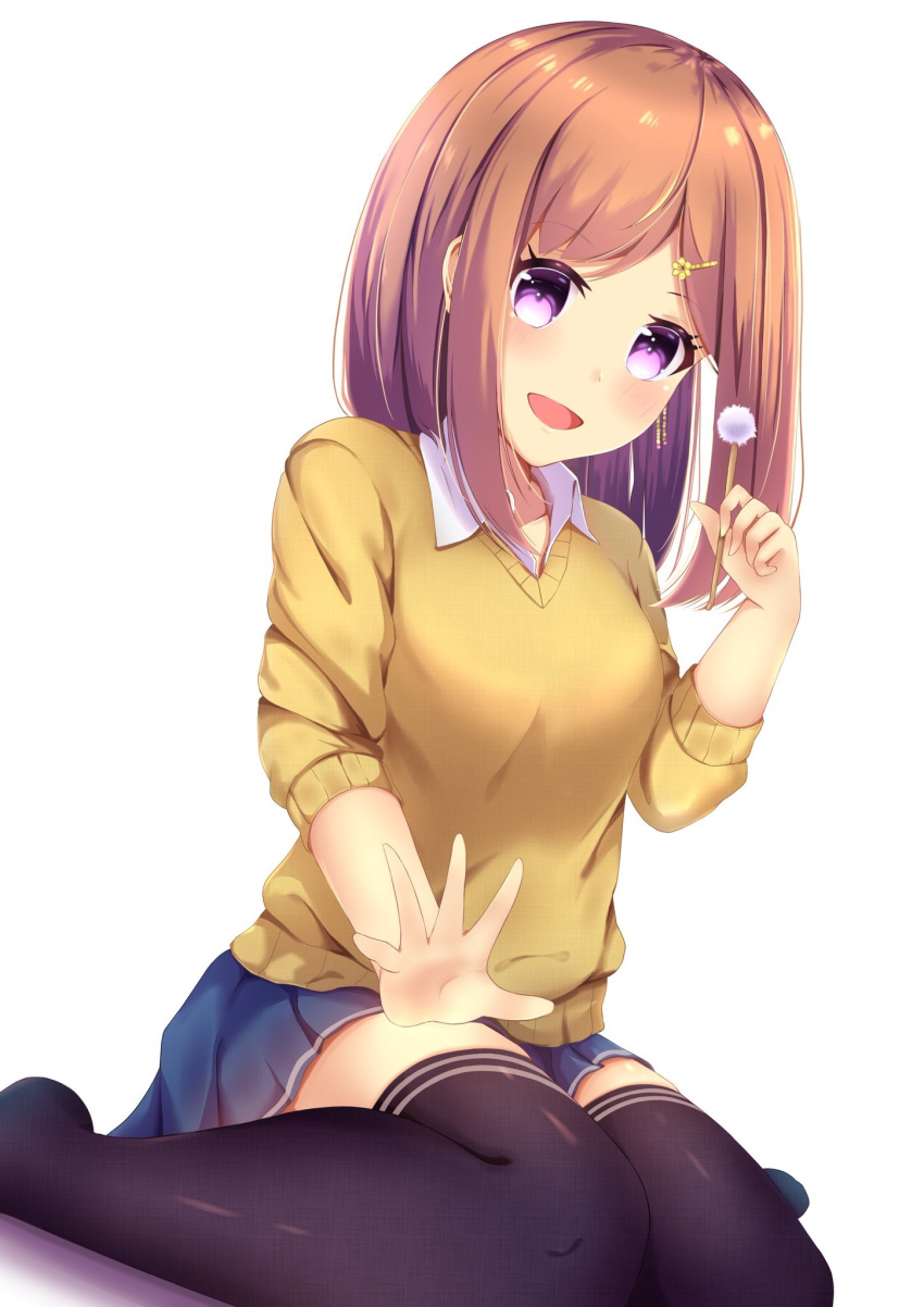 1girl :d amane_1906 black_legwear blue_skirt brown_hair earrings hair_ornament hairclip hand_up highres jewelry long_hair looking_at_viewer mimikaki open_mouth original school_uniform sitting skirt smile solo sweater thigh-highs thighs violet_eyes wariza white_background