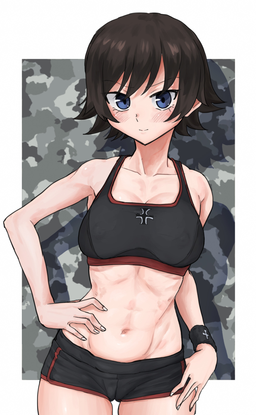 1girl abs bangs black_shorts black_sports_bra blue_eyes blush breasts brown_hair camouflage_background cleavage closed_mouth commentary cowboy_shot emblem eyebrows_visible_through_hair girls_und_panzer gym_shorts hand_on_hip highres iron_cross looking_at_viewer mauko_(girls_und_panzer) medium_breasts navel outside_border shadow short_hair short_shorts shorts smile solo sports_bra standing toku_(yhpv8752) wristband