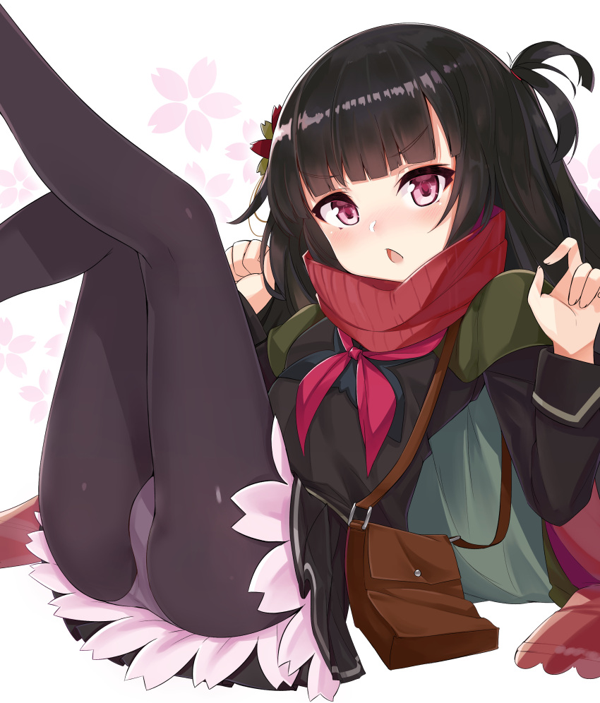 1girl absurdres bag bangs black_hair black_legwear black_shirt black_skirt blunt_bangs blush commentary_request eyebrows_visible_through_hair girls_frontline hair_ornament hands_up head_tilt highres long_hair long_sleeves neckerchief ohshit one_side_up panties panties_under_pantyhose pantyhose parted_lips pleated_skirt red_eyes red_neckwear red_scarf scarf shirt shoulder_bag simple_background skirt solo type_100_(girls_frontline) underwear v-shaped_eyebrows white_background