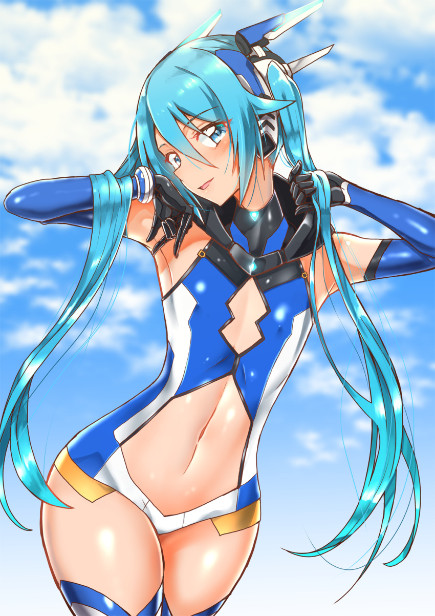 1girl armpits bangs bare_shoulders blue_eyes blue_hair blush bodysuit boots breasts cleavage_cutout clouds collar commentary_request cowboy_shot elbow_gloves eyebrows_visible_through_hair flat_chest gloves hair_between_eyes hand_in_hair head_tilt headgear highres long_hair looking_at_viewer navel open_mouth ore_twintail_ni_narimasu outdoors shiny shiny_hair shiny_skin sky small_breasts solo swept_bangs tail_blue thigh-highs thigh_boots twintails very_long_hair yuto_(dialique)