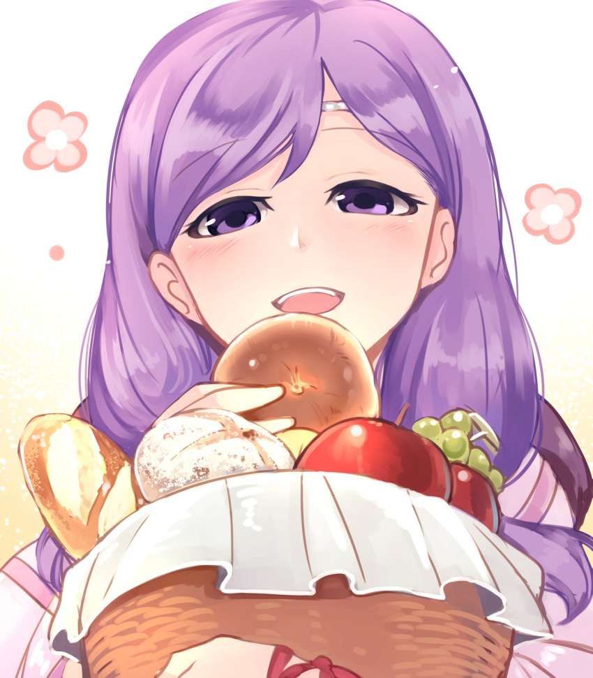 1girl apple basket bread circlet eating fire_emblem fire_emblem:_souen_no_kiseki food fruit grapes highres ilyana long_hair nakabayashi_zun nintendo open_mouth purple_hair simple_background solo violet_eyes white_background