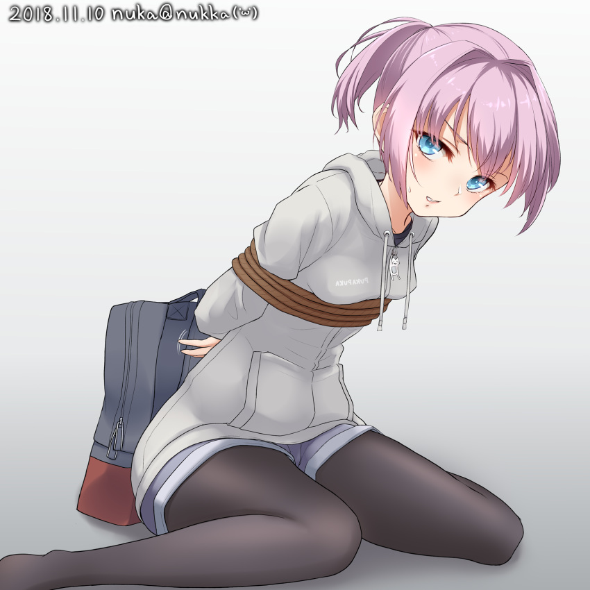 1girl bag bdsm black_legwear blue_eyes blush bondage bound breasts closed_mouth gradient gradient_background highres hood hoodie kantai_collection looking_at_viewer nuka_(nvkka) pantyhose ponytail remodel_(kantai_collection) shiranui_(kantai_collection) short_hair short_shorts shorts sitting small_breasts solo wariza