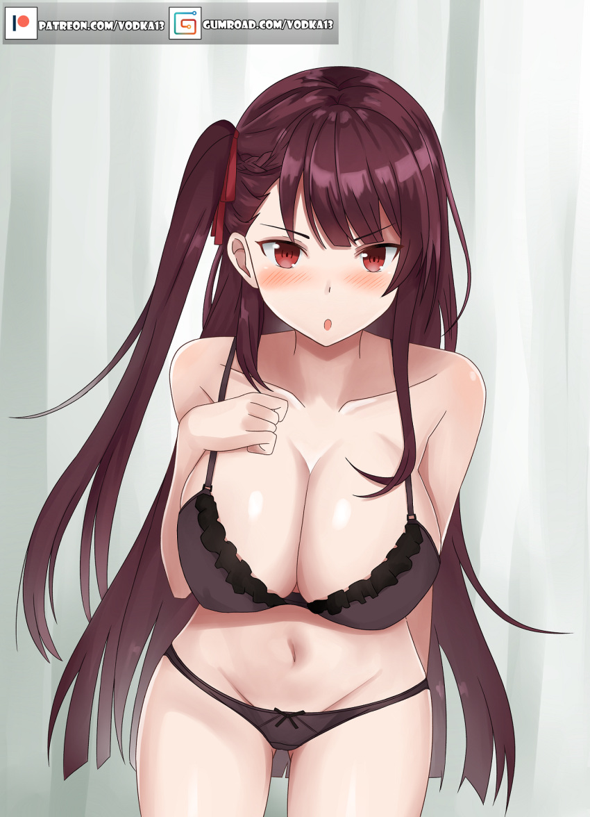 1girl ass_visible_through_thighs bangs black_bra black_panties blush bra breasts cleavage collarbone eyebrows_visible_through_hair girls_frontline groin gumroad_username hair_ribbon half_updo highres indoors large_breasts leaning_forward long_hair looking_at_viewer navel one_side_up open_mouth panties patreon_username purple_hair red_eyes red_ribbon ribbon sidelocks skindentation solo stomach thighs underwear underwear_only very_long_hair vodka13 wa2000_(girls_frontline)