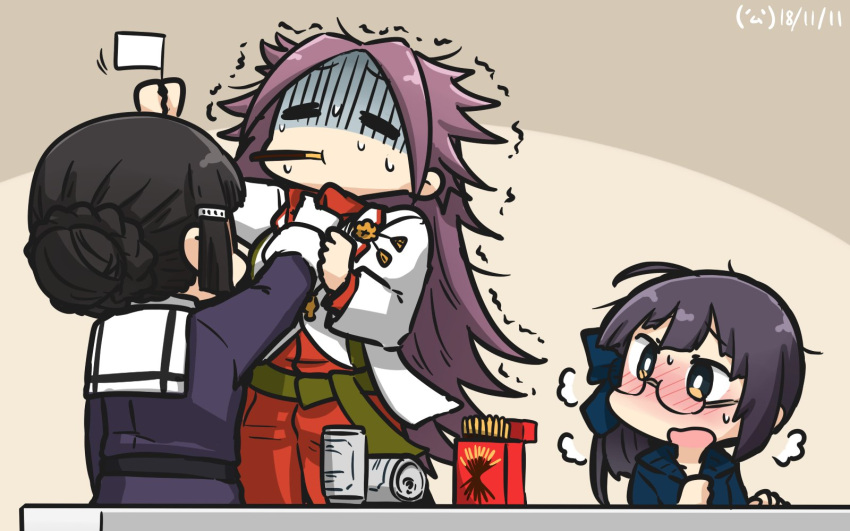 3girls alternate_costume beer_can black_hair blush brown_eyes can commentary_request dated dress_shirt drunk flag food food_in_mouth fujinami_(kantai_collection) gloves hamu_koutarou highres holding holding_flag jacket jun'you_(kantai_collection) kantai_collection long_hair long_sleeves military military_uniform multiple_girls myoukou_(kantai_collection) open_mouth pocky purple_hair purple_jacket red_shirt shirt short_hair side_ponytail spiky_hair uniform white_gloves