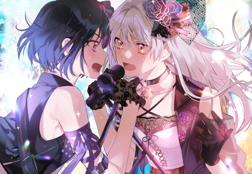 2girls arm_strap bang_dream! bare_shoulders black_hair blush choker collarbone corset floral_print gloves hair_ornament highres jewelry lavender_hair microphone minato_yukina mitake_ran multiple_girls music necklace open_mouth redhead rose_print s2riridoll short_hair singing violet_eyes yellow_eyes