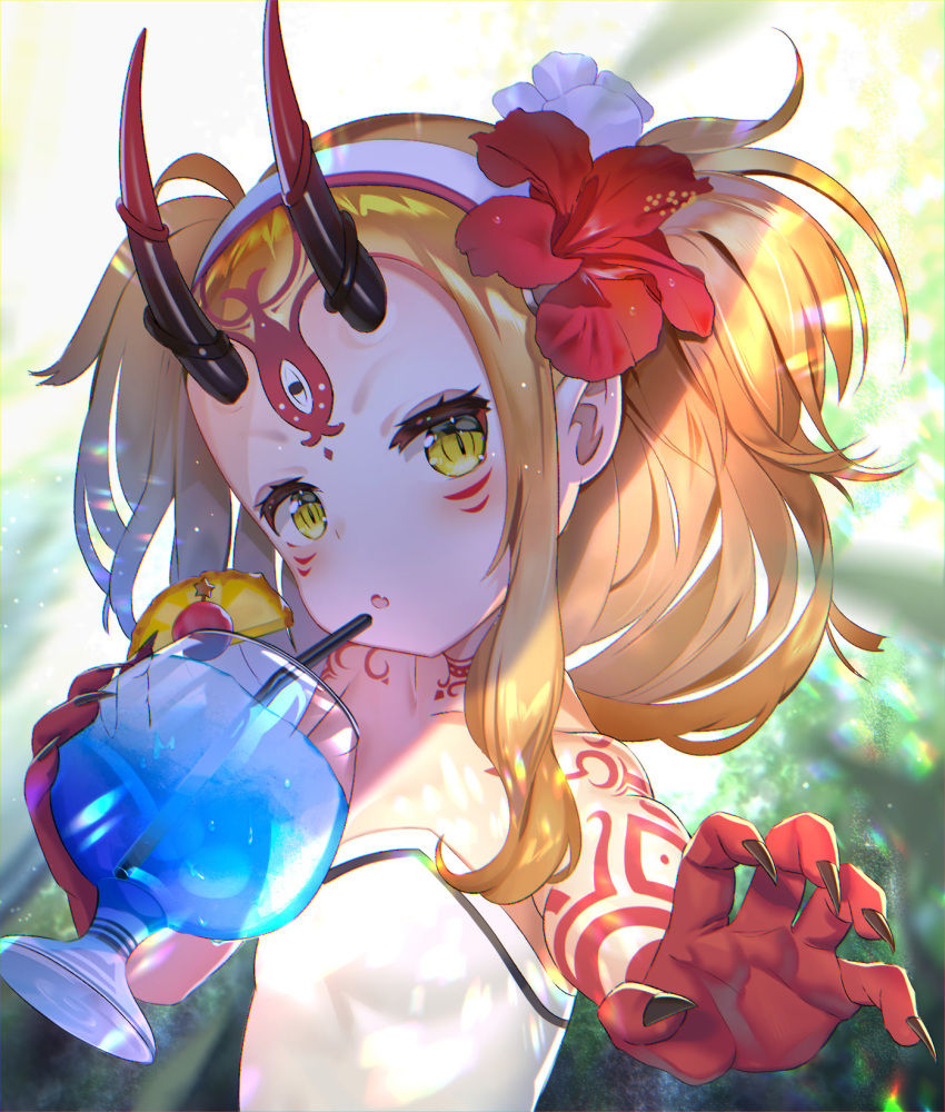 1girl :o arm_tattoo bangs bare_shoulders black_nails blonde_hair blue_hawaii blush collarbone cup day drink drinking_glass drinking_straw facial_mark fang fate/grand_order fate_(series) fingernails flat_chest flower forehead_mark foreshortening hair_flower hair_ornament hairband head_tilt hibiscus highres ibaraki_douji_(fate/grand_order) ibaraki_douji_(swimsuit_lancer)_(fate) long_hair looking_at_viewer nail_polish nayuta_(una) oni oni_horns outdoors outstretched_arm pineapple_slice reaching_out red_flower shade sharp_fingernails sidelocks slit_pupils solo sunlight swimsuit tattoo two_side_up upper_body white_hairband white_swimsuit yellow_eyes