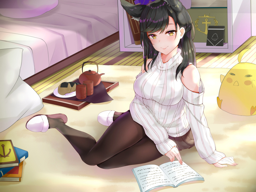 :&gt; animal_ears atago_(azur_lane) azur_lane black_hair book breasts highres kasoke_no_tsubasa large_breasts pantyhose pleated_skirt ribbed_sweater shoulder_cutout skirt slippers smile sweater teapot