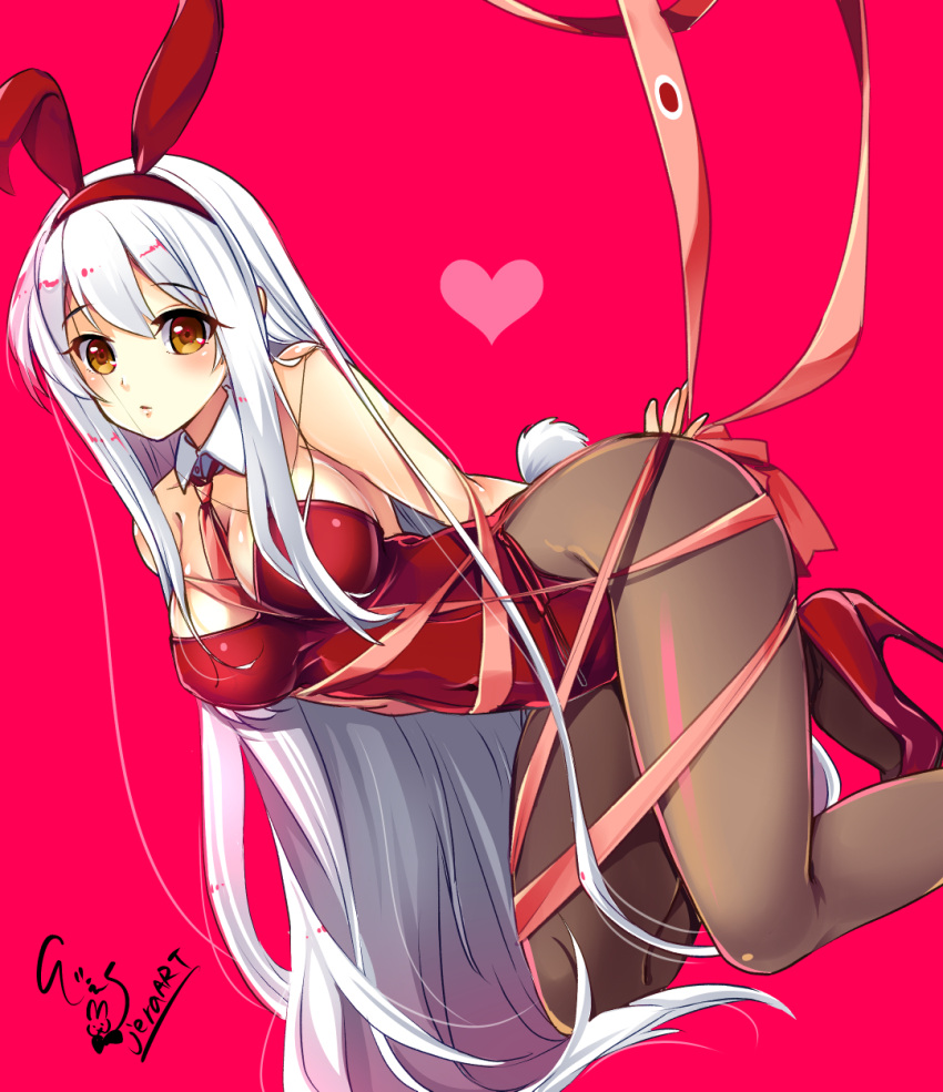 1girl all_fours an_jera animal_ears arms_behind_back brown_legwear bunny_tail bunnysuit detached_collar heart high_heels highres kantai_collection leotard long_hair necktie pantyhose pink_background rabbit_ears red_footwear red_leotard red_neckwear ribbon shoukaku_(kantai_collection) signature simple_background solo strapless strapless_leotard tail white_hair yellow_eyes