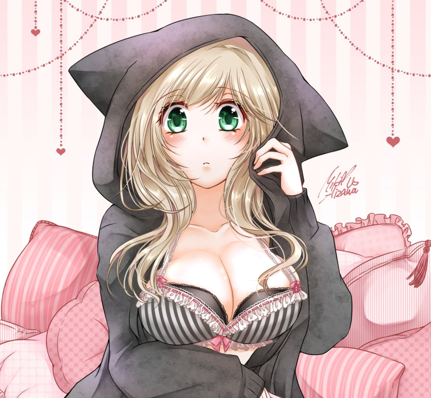 1girl 8i83ash animal_hood arm_up bangs black_bra blonde_hair blush bow bra breasts cleavage closed_mouth collarbone eyebrows_visible_through_hair green_eyes highres hood hood_up hoodie indoors lace lace_bra large_breasts long_hair long_sleeves looking_at_viewer open_clothes open_hoodie original pillow pink_bow sidelocks signature solo underwear