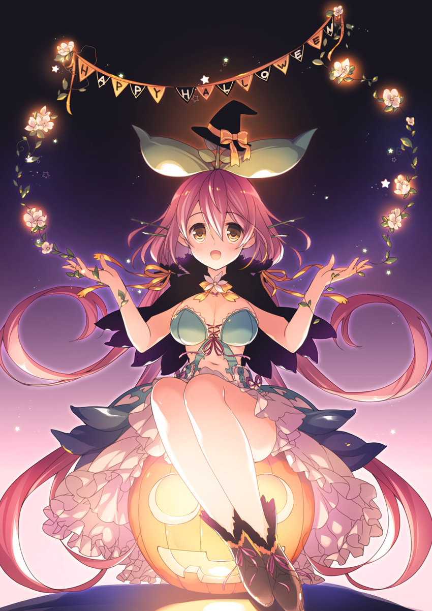 1girl :d black_footwear blush breasts brown_eyes capelet english flower gradient gradient_background granblue_fantasy hair_between_eyes halloween happy_halloween hat highres jack-o'-lantern leaf long_hair medium_breasts mizuno_(suisuiw) navel open_mouth pink_hair plant plant_girl shoes sitting smile solo very_long_hair vines witch_hat yggdrasil_(granblue_fantasy)