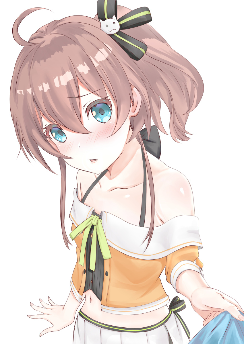 1girl absurdres ahoge blue_eyes blush breasts brown_hair collarbone hair_ornament hair_ribbon highres hololive looking_at_viewer midriff natsuiro_matsuri navel open_mouth pulling ribbon side_ponytail simple_background small_breasts solo_focus toratora_(nanahaba) virtual_youtuber