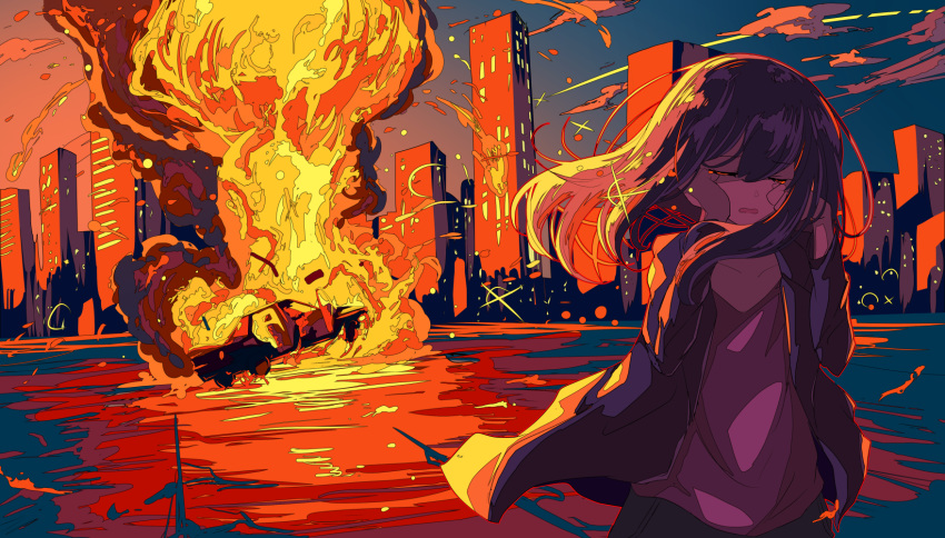 1girl berryverrine black_hair building car city cityscape closed_eyes clouds cloudy_sky collarbone crying explosion fire ground_vehicle highres long_hair motor_vehicle night open_mouth original outdoors scenery sky solo tears wiping_tears