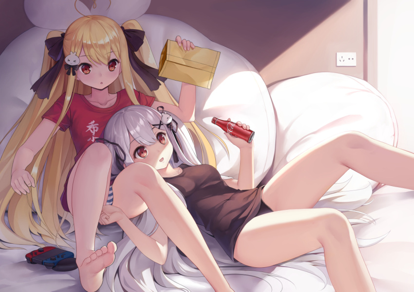 2girls ahoge arm_up bangs bare_legs barefoot bed_sheet black_bow black_panties black_ribbon black_shirt blonde_hair borrowed_character bottle bow breasts coke_bottle collarbone commentary_request envelope eyebrows_visible_through_hair fingernails hair_between_eyes hair_bow hair_ornament hair_ribbon heart_ahoge holding holding_bottle long_hair lying manila_envelope multiple_girls no_pants on_back original panties pillow red_eyes red_shirt ribbon shirt short_sleeves siblings silver_hair sisters sitting small_breasts soles striped striped_panties tokisaki_asaba tokisaki_mio two_side_up underwear very_long_hair x_hair_ornament xiaoyin_li