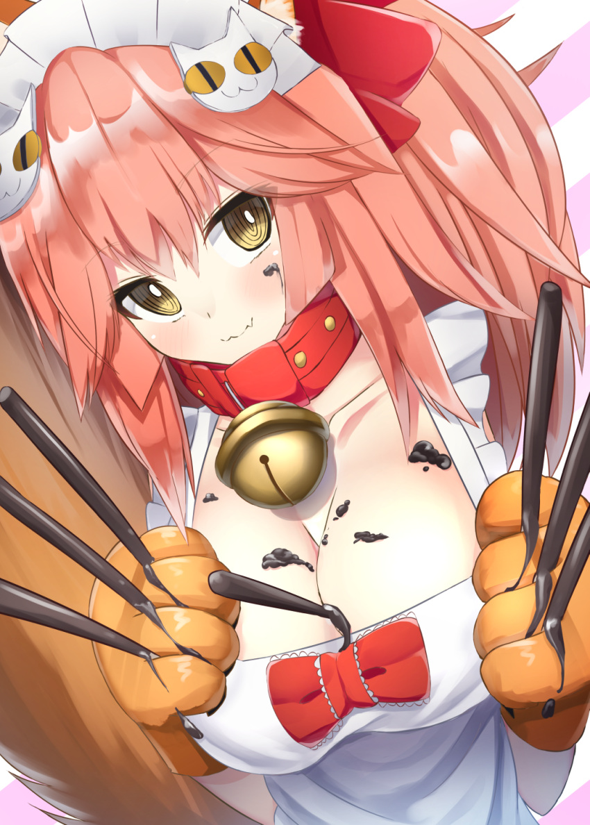 1girl @_@ animal_ear_fluff animal_ears apron bell bell_collar blush breasts cat_hair_ornament cat_paws chocolate cleavage collar collarbone fangs fate/grand_order fate_(series) food food_between_breasts fox_ears fox_tail gloves hair_ornament hair_ribbon highres jingle_bell large_breasts long_hair looking_at_viewer naked_apron paw_gloves paws pink_hair pocky pocky_day ponytail red_ribbon ribbon shiro_youduki solo tail tamamo_(fate)_(all) tamamo_cat_(fate)