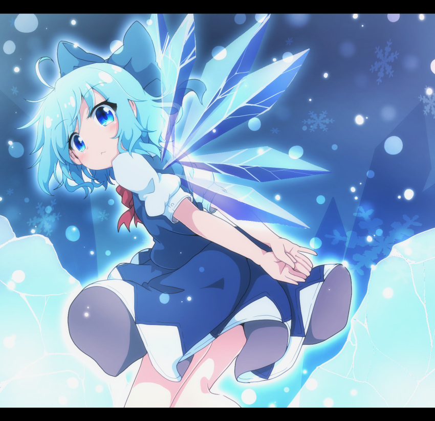 1girl :&lt; ahoge arms_behind_back blue_bow blue_dress blue_eyes blue_hair bow cirno commentary_request do_(4-rt) dress from_side hair_bow highres ice ice_wings leaning_forward letterboxed looking_at_viewer medium_hair puffy_short_sleeves puffy_sleeves red_neckwear short_sleeves snowflakes solo touhou wings