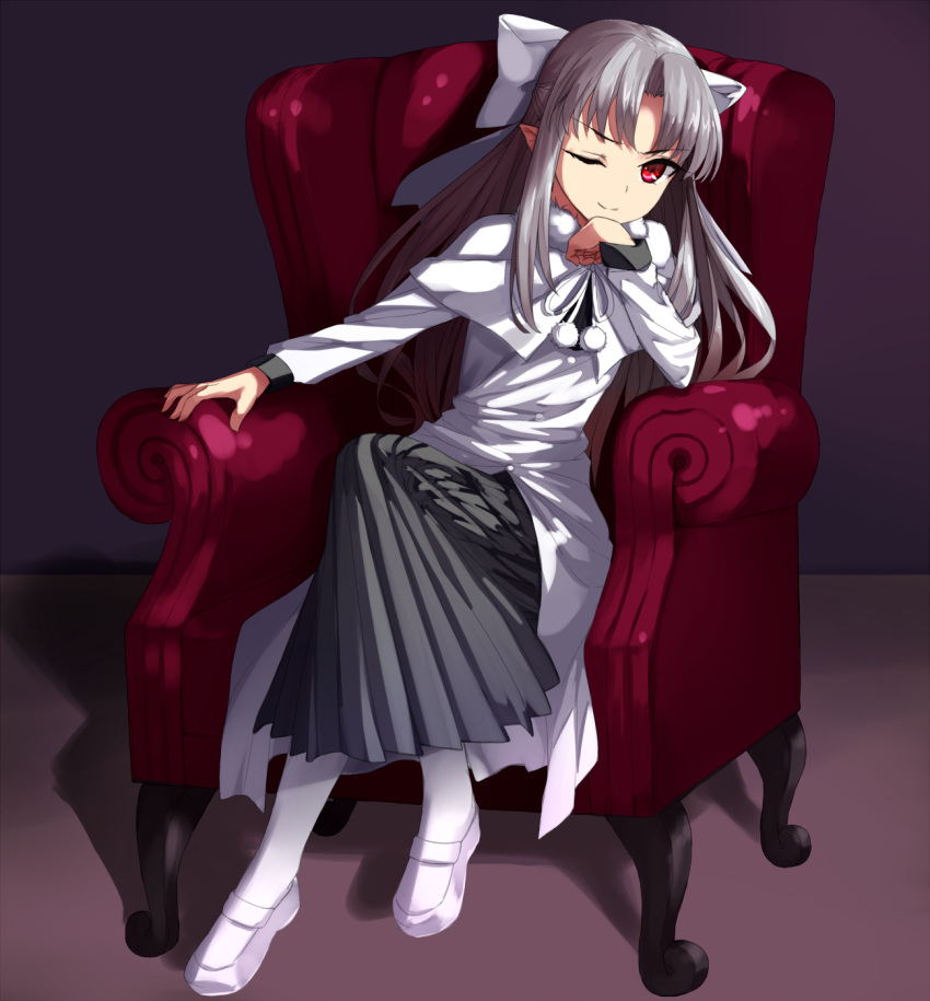 1girl ;) apo_(apos2721) bow capelet chin_rest coat floating_hair full_body fur_trim grey_skirt hair_bow highres legs_crossed long_hair long_skirt long_sleeves looking_at_viewer mary_janes melty_blood one_eye_closed pleated_skirt pointy_ears purple_background red_eyes shoes silver_hair simple_background sitting skirt smile solo tsukihime very_long_hair white_bow white_capelet white_coat white_footwear white_legwear white_len winter_clothes winter_coat