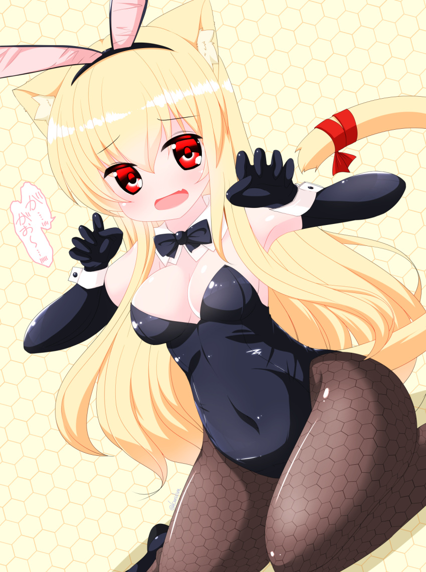 1girl :d animal_ear_fluff animal_ears bangs bare_shoulders black_footwear black_gloves black_hairband black_leotard black_neckwear blonde_hair bow bowtie breasts brown_legwear cat_ears cat_girl cat_tail catsuit cleavage commentary_request covered_navel detached_collar dutch_angle elbow_gloves eyebrows_visible_through_hair fake_animal_ears fang gloves hair_between_eyes hairband highres honeycomb_(pattern) honeycomb_background kanijiru leotard long_hair medium_breasts open_mouth original pantyhose rabbit_ears red_eyes smile solo strapless strapless_leotard tail tail_raised translated twitter_username very_long_hair white_collar wing_collar wrist_cuffs