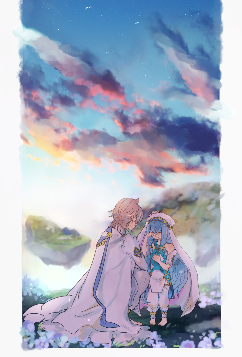 1boy 1girl anklet aqua_(fire_emblem_if) aqua_hair barefoot cape clouds crying fire_emblem fire_emblem_heroes fire_emblem_if flower hand_on_another's_head highres jewelry long_hair male_my_unit_(fire_emblem_if) my_unit_(fire_emblem_if) nintendo outdoors parted_lips pointy_ears sasaki_(dkenpisss) short_hair sidelocks sky squatting standing tears veil white_hair younger