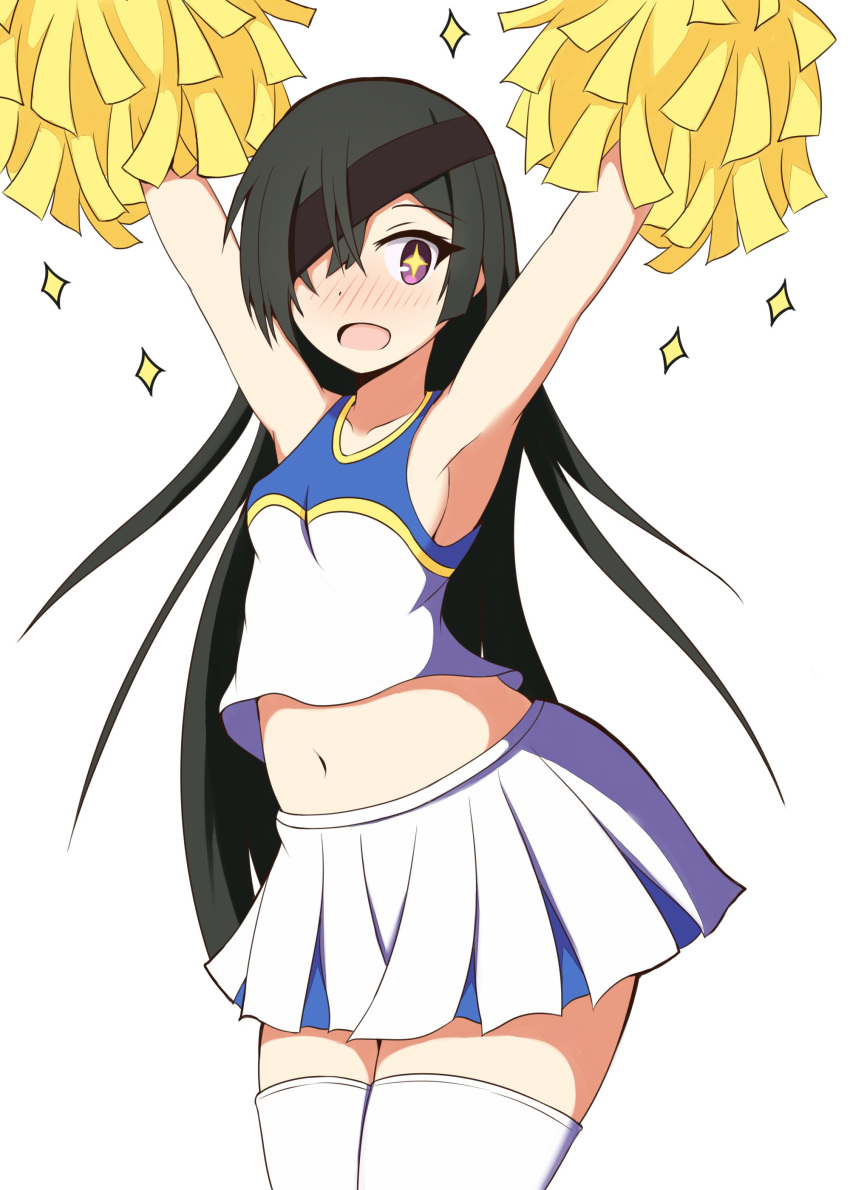 +_+ 1girl :d \o/ absurdres alternate_costume armpits arms_up bangs bare_shoulders black_hair blush breasts cheerleader commentary_request cowboy_shot eyebrows_visible_through_hair fate/grand_order fate_(series) hair_over_one_eye highres holding long_hair looking_at_viewer midriff mitchi mochizuki_chiyome_(fate/grand_order) navel nose_blush open_mouth outstretched_arms pleated_skirt pom_poms shirt simple_background skirt sleeveless sleeveless_shirt small_breasts smile solo sparkle thigh-highs very_long_hair violet_eyes white_background white_legwear white_shirt white_skirt zettai_ryouiki