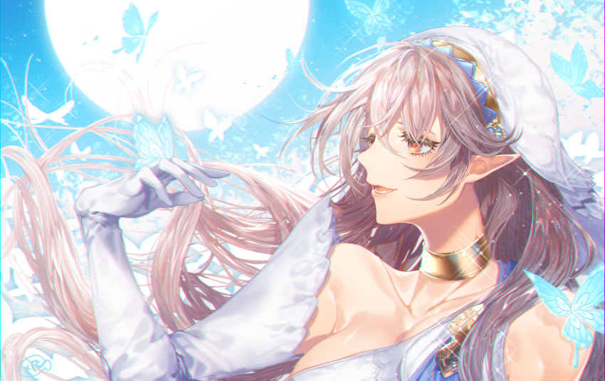 1girl aqua_(fire_emblem_if) arm_up bangs bare_shoulders breasts bug butterfly collar collarbone cosplay elbow_gloves female_my_unit_(fire_emblem_if) fire_emblem fire_emblem_heroes floating_hair gloves glowing highres insect large_breasts long_hair looking_at_another mamkute my_unit_(fire_emblem_if) nintendo open_mouth pointy_ears red_eyes sleeveless smile solo tagme upper_body veil yakusuke