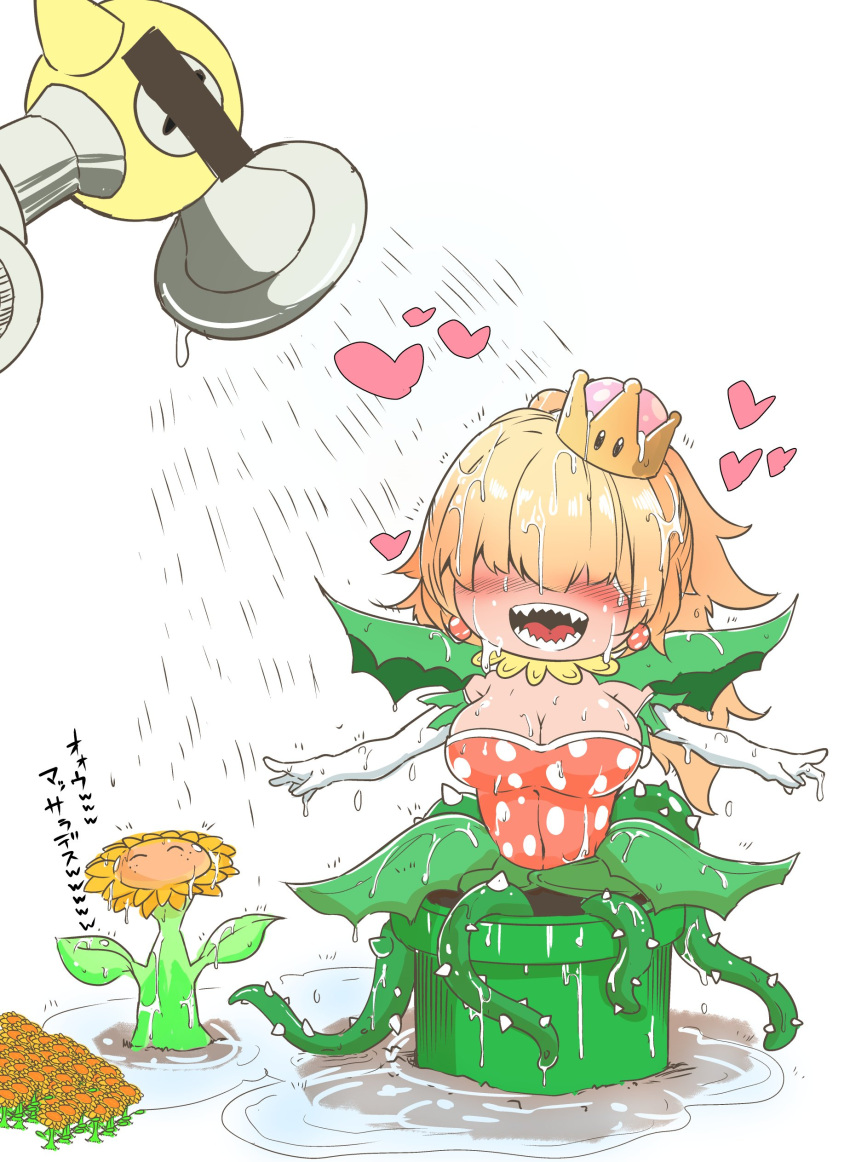 1girl absurdres blonde_hair blush cleavage crown dress elbow_gloves flower gloves hair_over_eyes heart highres jewelry long_hair super_mario_bros. new_super_mario_bros._u_deluxe nintendo okuva open_mouth pipe piranha_plant plant potted_plant sharp_teeth sunflower super_crown super_mario_bros. super_mario_sunshine translated vines watering watering_can white_background