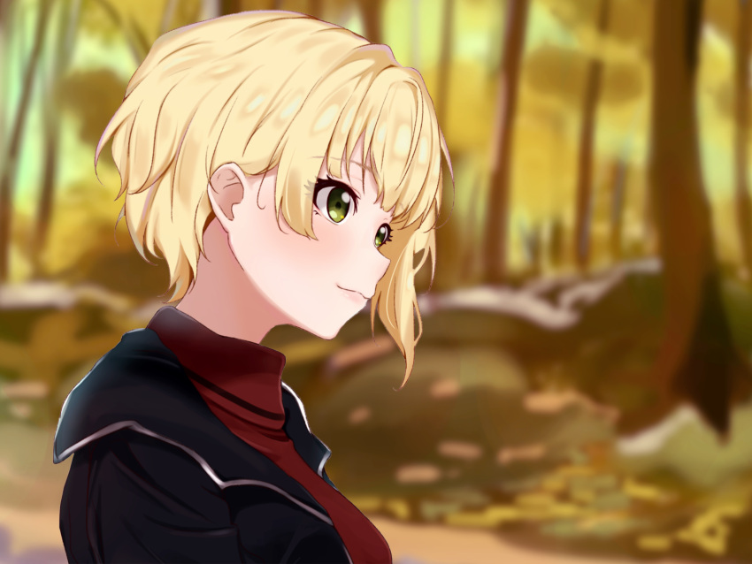 1girl blonde_hair blurry blurry_background blush commentary_request depth_of_field eyebrows_visible_through_hair eyelashes green_eyes highres idolmaster idolmaster_cinderella_girls jacket miyamoto_frederica momen_(momen_illust) profile short_hair smile solo sweater tree turtleneck turtleneck_sweater upper_body